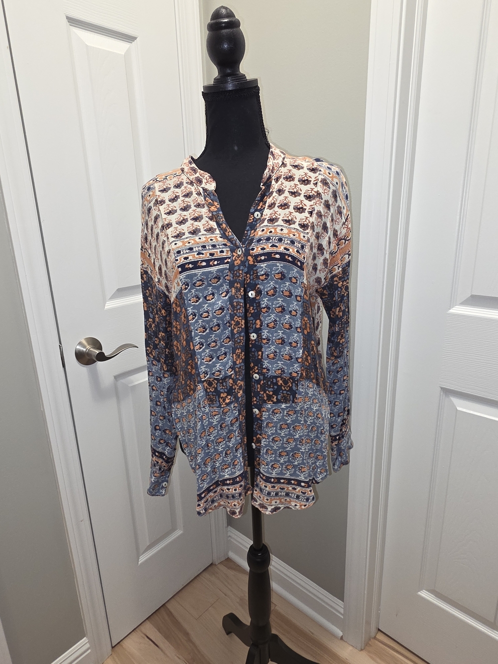 Free People Boho Patchwork Print Button-Front Blouse - Blue & Cream